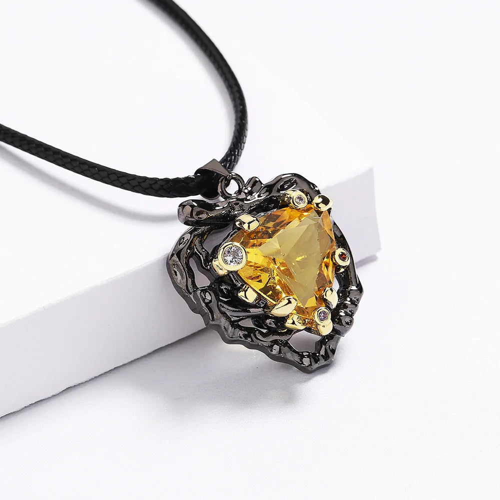 Retro Style Unique Exaggerated Gothic Black Plated 5A Yellow Zircon Antique Necklace for Women Party
