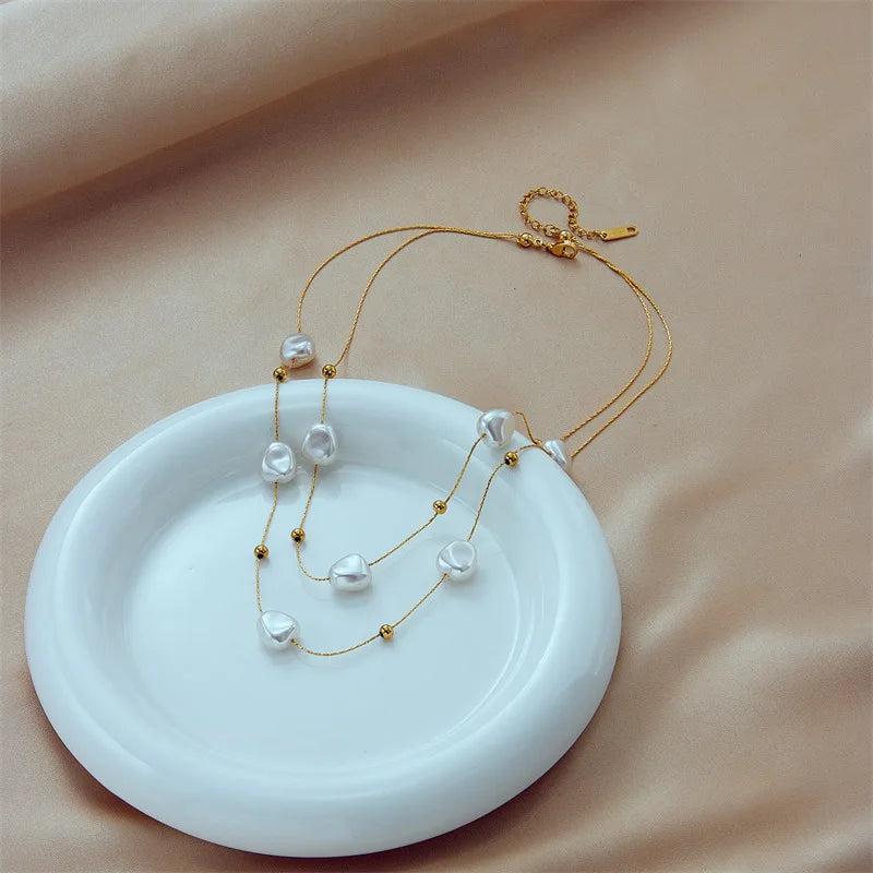 Double Layered Simulated Baroque Floating Multiple Pearl Necklace