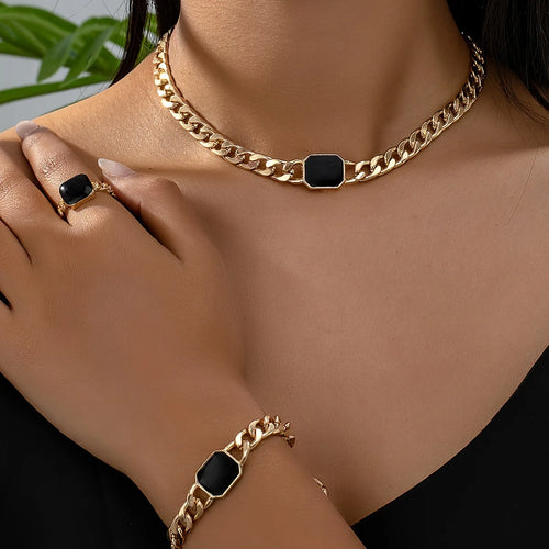 Load image 1 in gallery view. 3pc Jewelry Set Exaggerated Geometric Black Gold Plated Necklace Chains