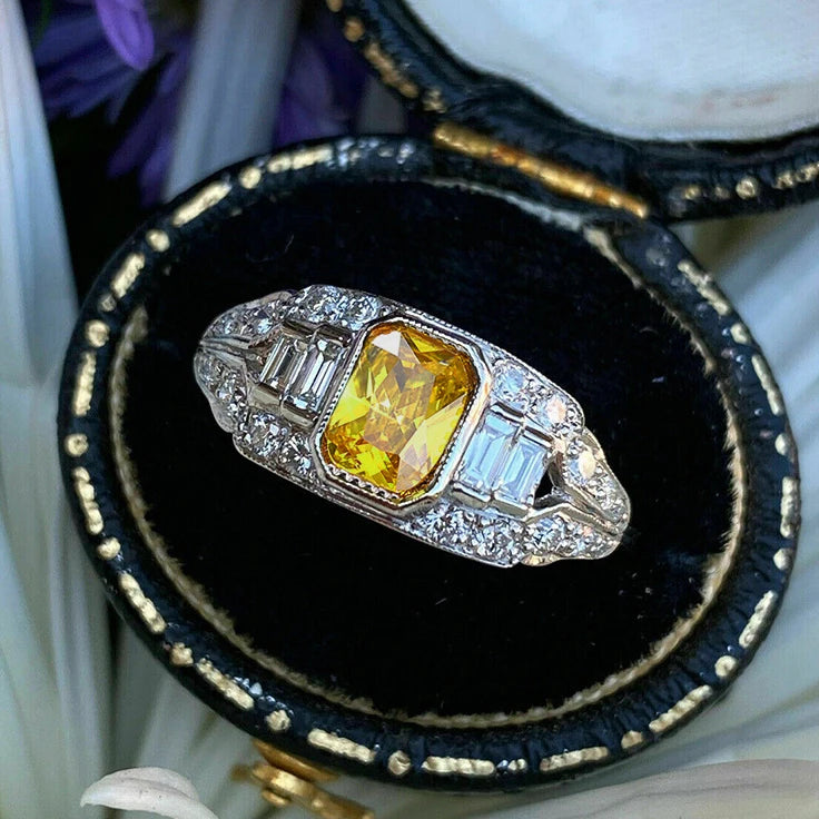 Silver Plated Dazzling Yellow Crystal Cubic Zirconia Engagement Wedding  Rings for Women