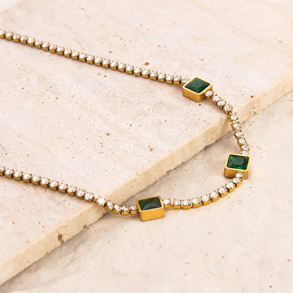 18K Gold Plated  Emerald Zircon Snake Chain Necklace for Women