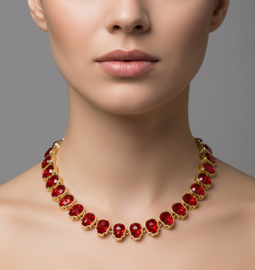 Rhinestone-Studded Red Skull Necklace Cuban Chain for Hip Hop Fans