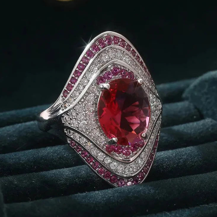 Silver Plated Exquisite Oval Shaped Design Red/Pink Brilliant Cubic Zirconia Wide Rings