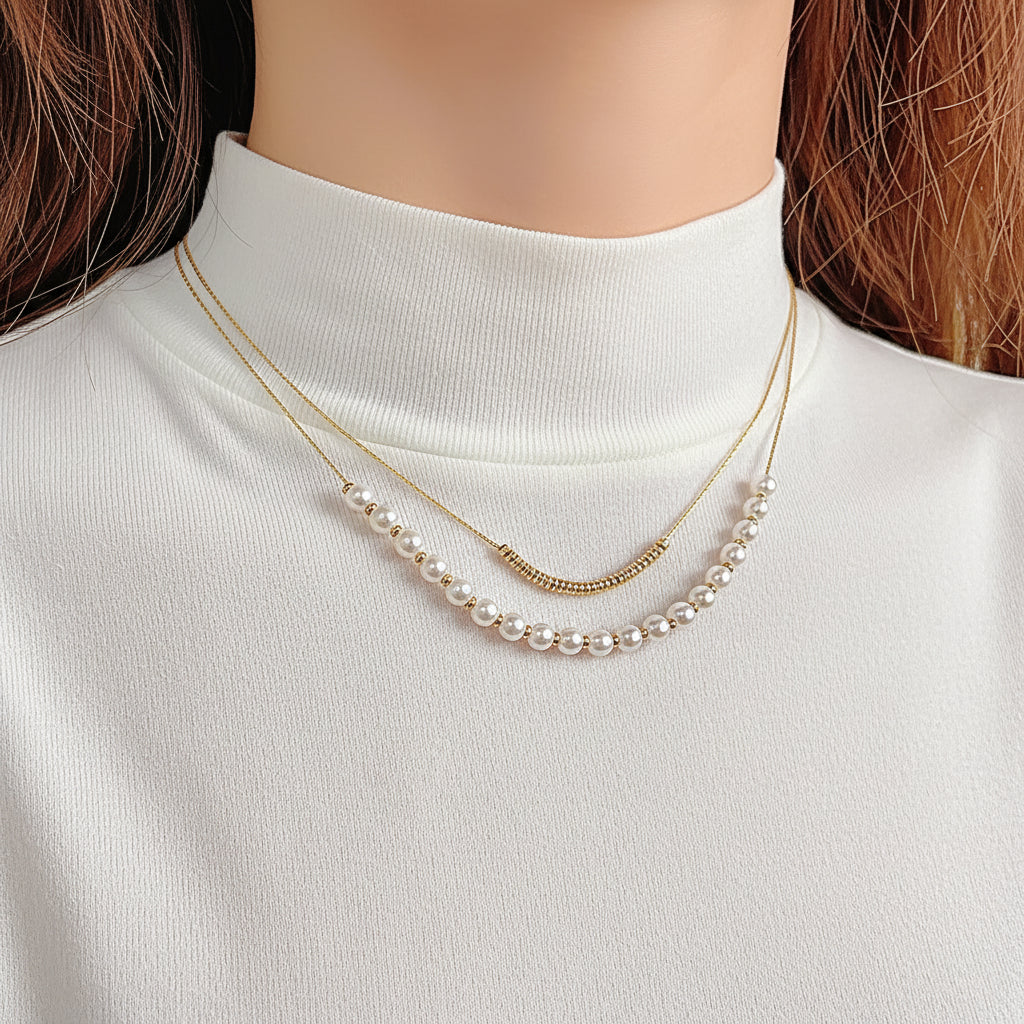 18K Gold Plated  Double Layers Stacked Pearls Collarbone Chain Drop Necklace