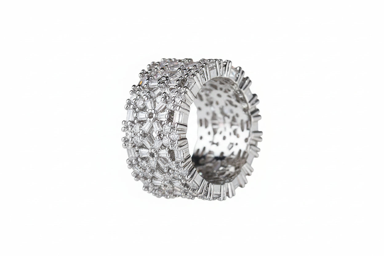 Platinum Plated Flower CZ Wide Band for Women