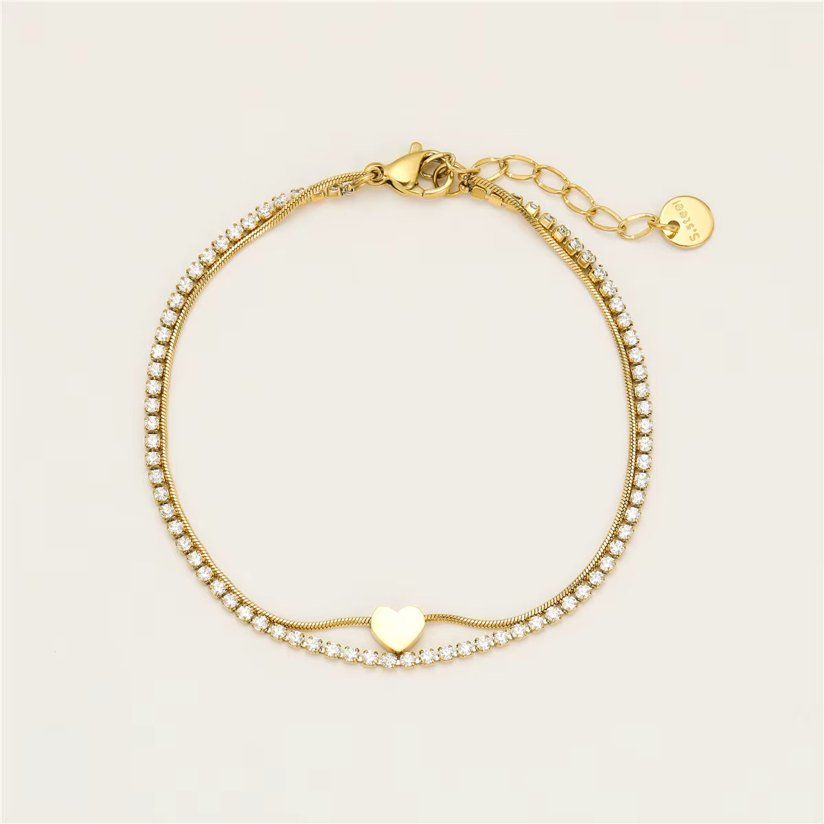 18K Gold Plated Heart Zircon Charm Bracelet Girls Tennis Bracelet Stainless Steel