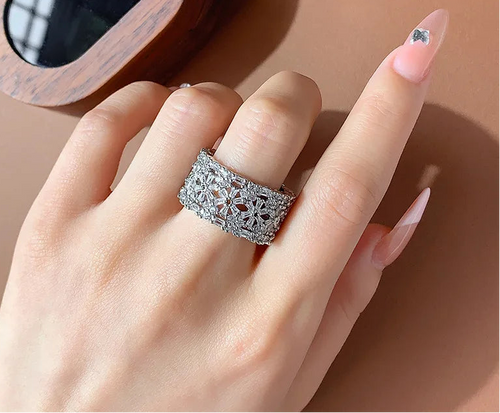 Load image 1 in gallery view. Platinum Plated Flower CZ Wide Band for Women