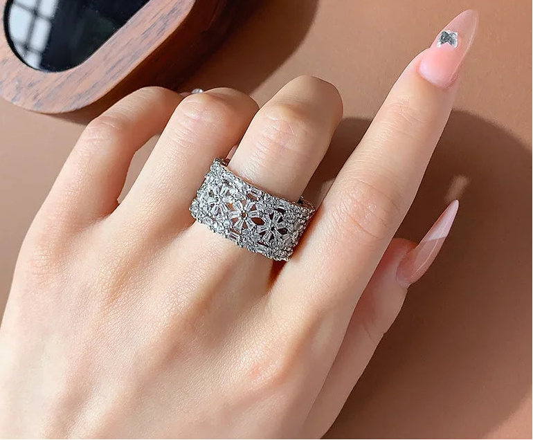 Platinum Plated Flower CZ Wide Band for Women