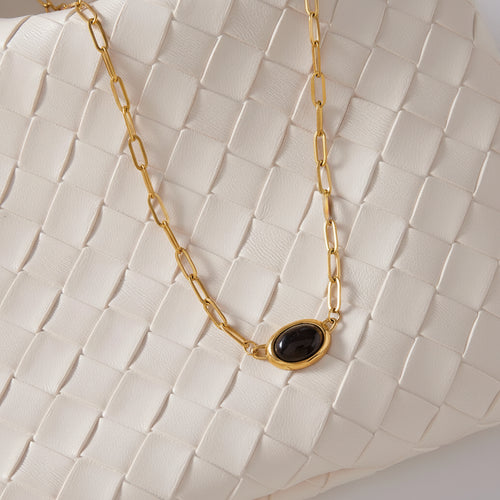 Load image 1 in gallery view. 18K PVD Gold Plate Classic Vintage Tiger Eye Stone Clip Chain Necklace