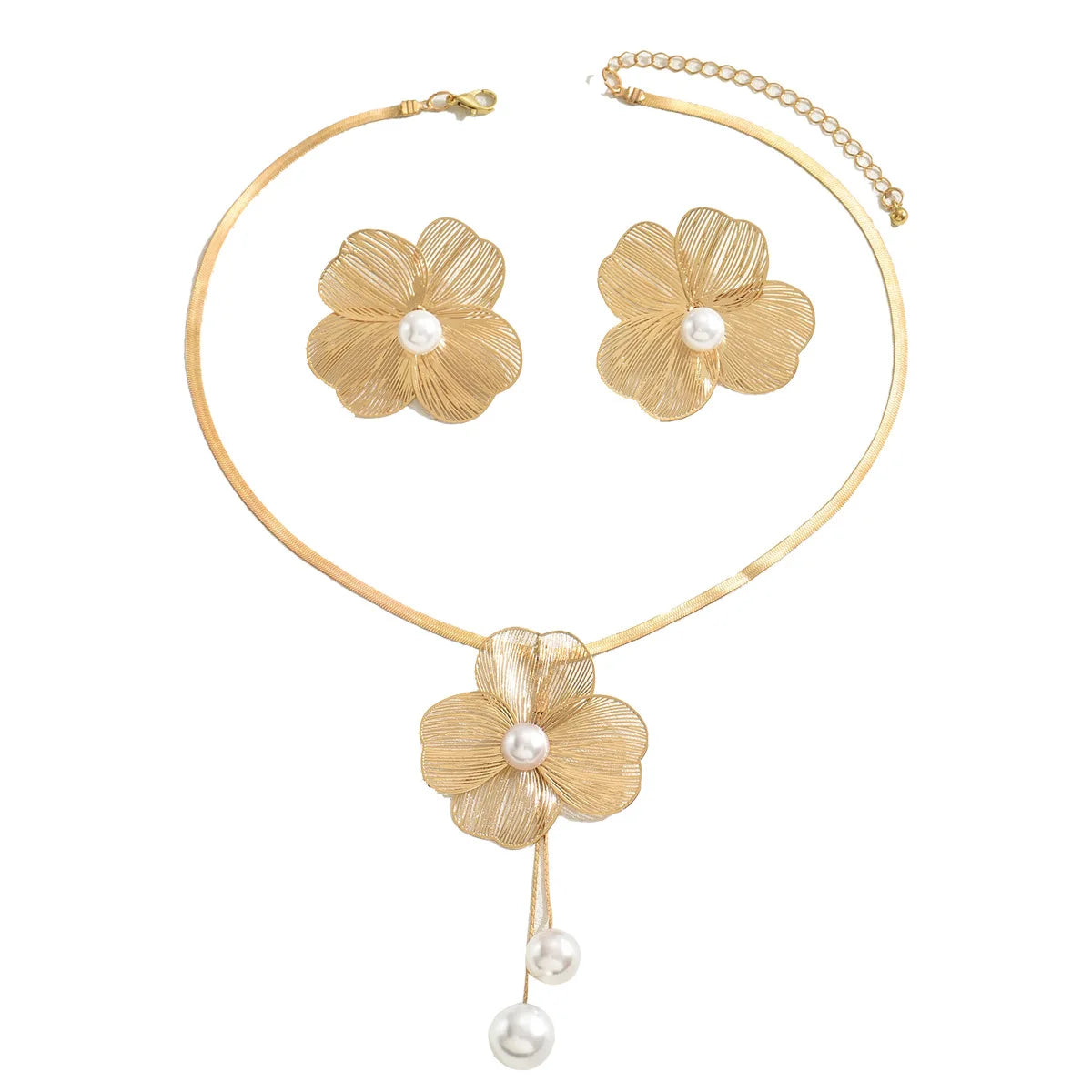 Flower Pearl Set Necklace Ring Earring Fashionable Simple Design For Women Parties