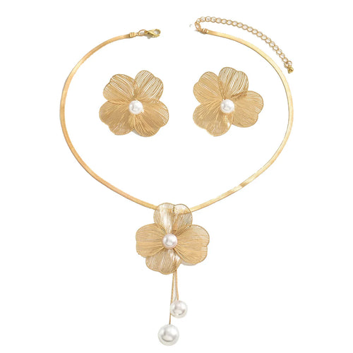 Load image 1 in gallery view. Flower Pearl Set Necklace Ring Earring Fashionable Simple Design For Women Parties
