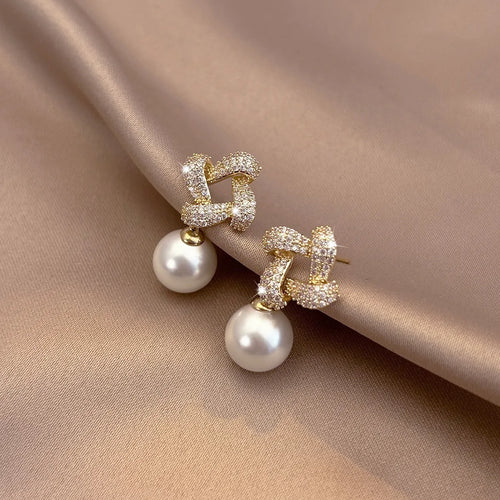Load image 1 in gallery view. Gold Plated Diamond Pearl Drop Design Earrings Exquisite Earrings