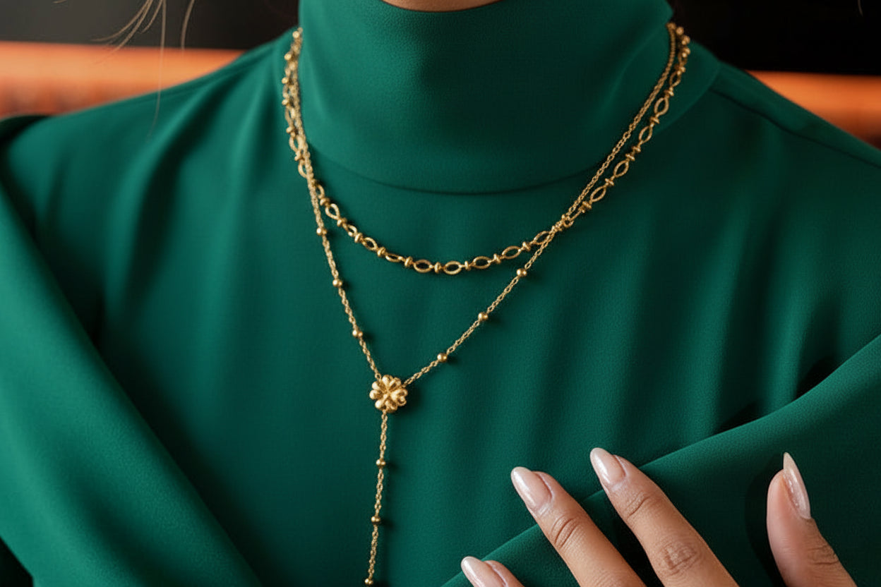18K Gold Plated Necklace Classic Four-leaf Clover Bead Zircon Y-shaped Necklace