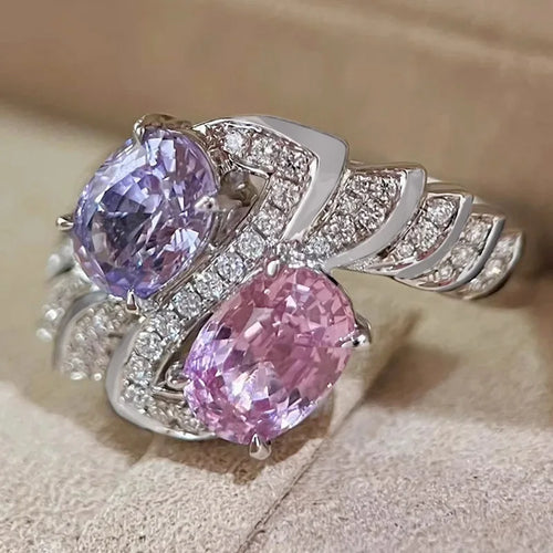 Load image 1 in gallery view. Oval Purple/Pink Crystal Zircon Rings Bridal Wedding Imitated Rhodium Plated CZ Rings for Women