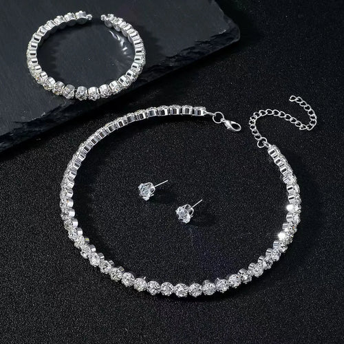 Load image 1 in gallery view. Platinum Plated Jewelry Set Necklace Earring Bracelet for Parties and Weddings Classic