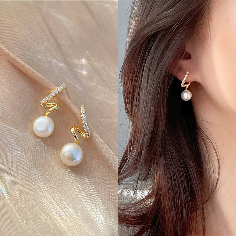 Pearl Earrings Minimalist Cute Earrings, Rhinestone Twisted, Gold Plated