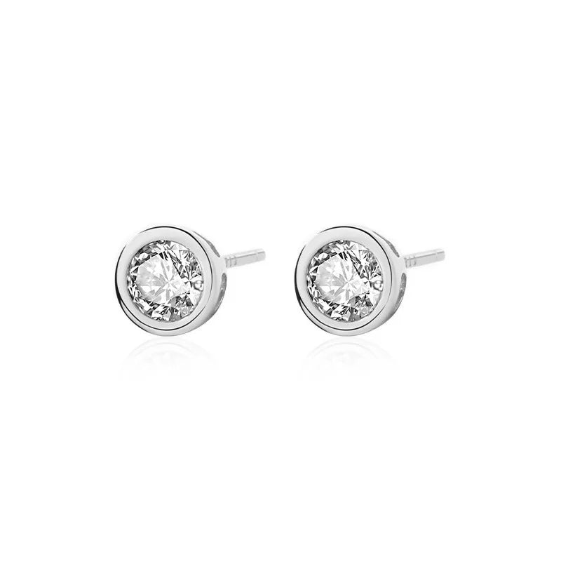 Sterling Silver Round Stud Earrings, Cubic Zirconia, Gold & Silver Gift for Woman, Man, Kids