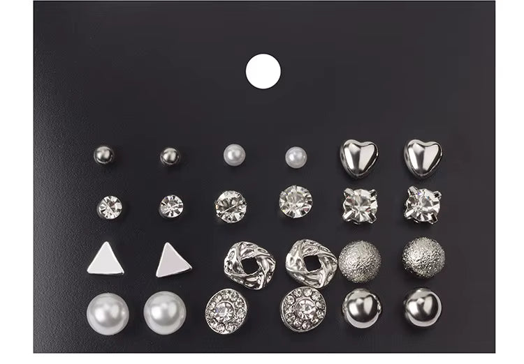 12 Pairs Earring Set Square Crystal Heart Stud Earrings Jewelry Sets for Women Piercing Simulated Pearl Flower Earring, Silver Plated, Gold Plated