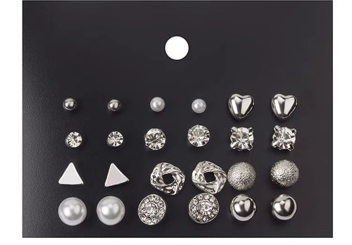 Load image 1 in gallery view. 12 Pairs Earring Set Square Crystal Heart Stud Earrings Jewelry Sets for Women Piercing Simulated Pearl Flower Earring, Silver Plated, Gold Plated