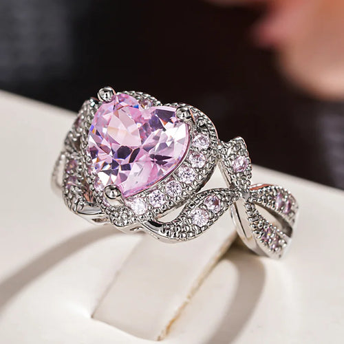 Load image 1 in gallery view. Elegant Butterfly Knot Design Heart Shaped Dazzling Pink Crystal Zircon Ring for Women