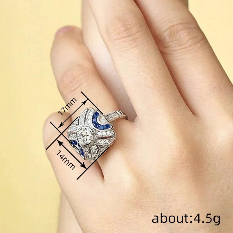 Geometric Square Design Round Imitated Diamond Rings for Engagement Wedding Silver Plated Rings Jewelry for Women