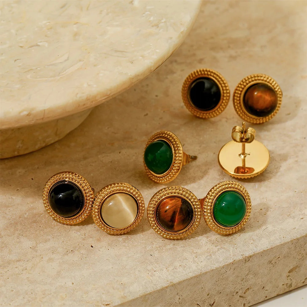 Gold Plated  Vintage Stud Earrings with Natural Stone Ball Design Waterproof