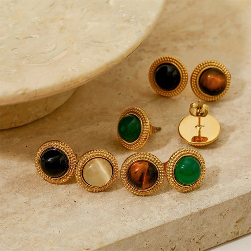 Load image 1 in gallery view. Gold Plated  Vintage Stud Earrings with Natural Stone Ball Design Waterproof