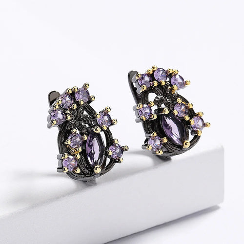 Load image 1 in gallery view. Vintage Unique Twig Black Plated Hollow Purple Zircon Antique Earrings for Women