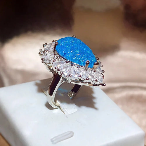 Load image 1 in gallery view. Luxurious Ring Resizable Water Drop Shape Shining Blue Stone with Princess Cut Design
