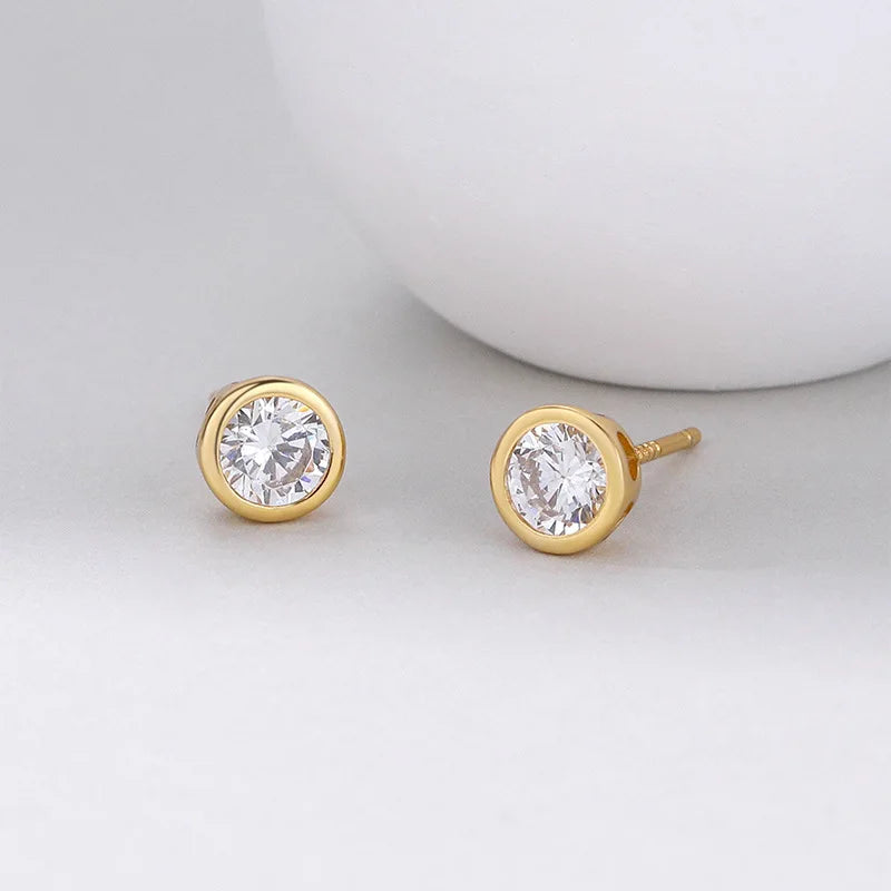 Sterling Silver Round Stud Earrings, Cubic Zirconia, Gold & Silver Gift for Woman, Man, Kids