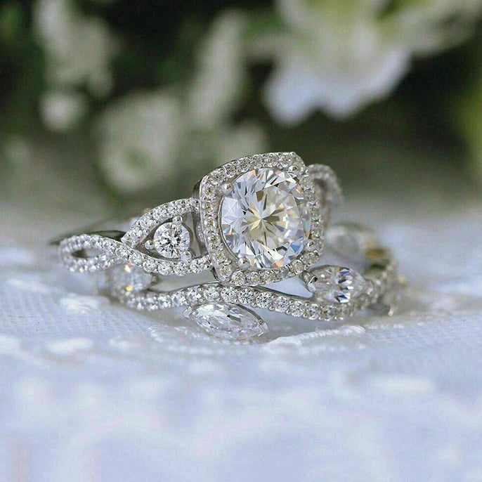 Silver Plated Geometry Shaped Design Dazzling Cubic Zirconia 2Pcs Sets Rings