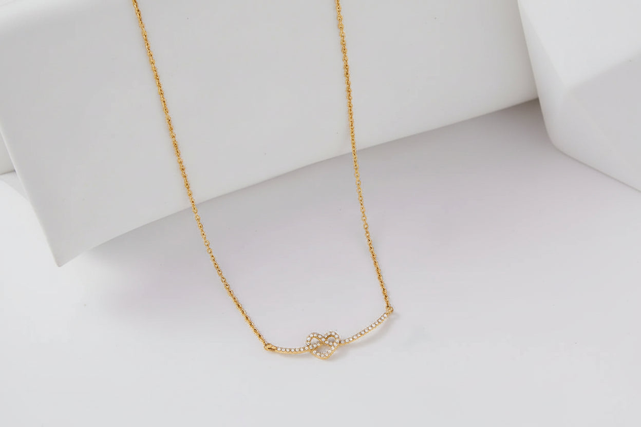 18K Gold Plate Stainless Steel White Rhinestone Eternal Love Heart Knot Smile Face Necklace