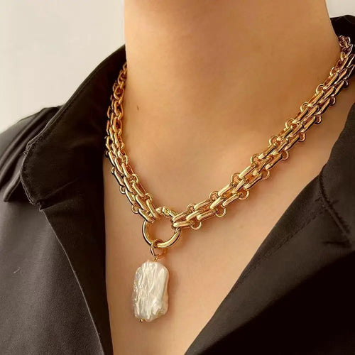 Load image 1 in gallery view. Gold Plated Multi Layered Chunky Bohemian Link Chain Necklace Geometric Metal