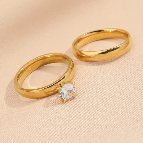Load image 1 in gallery view. Four Claw Zircon Smooth Ring Gold-color Plated Two-piece