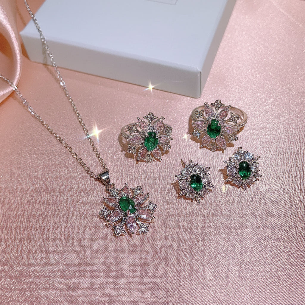 Flower Shape Green Zircon Platinum Plated Trendy Bridal Jewelry Set