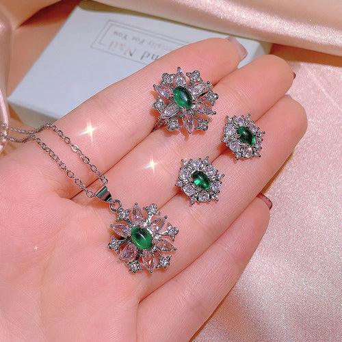 Load image 1 in gallery view. Flower Shape Green Zircon Platinum Plated Trendy Bridal Jewelry Set