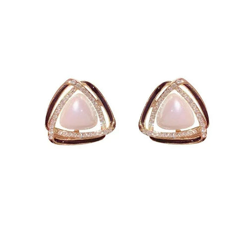 Load image 1 in gallery view. 14K Gold Plated Triangle Pearl Stud Earrings, Geometric Style