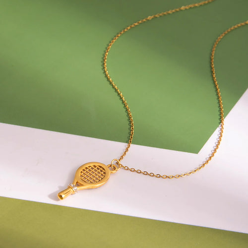 Load image 1 in gallery view. 18K Gold Plated Necklace Classic White Zircon Tennis Racket Pendant Necklace for Women and Kids