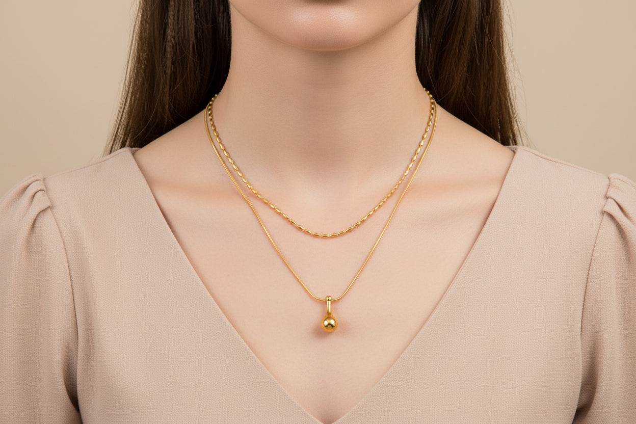 Waterproof Stainless Steel 18K PVD Gold Plating Double Layers Oval Bead String Chain Teardrop Pendant Necklace