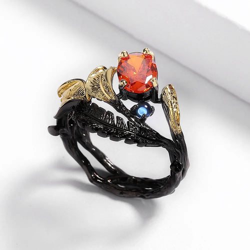 Load image 1 in gallery view. Vintage Antique Black Gold Red Zirconia Ring for Women Rhodium Plated