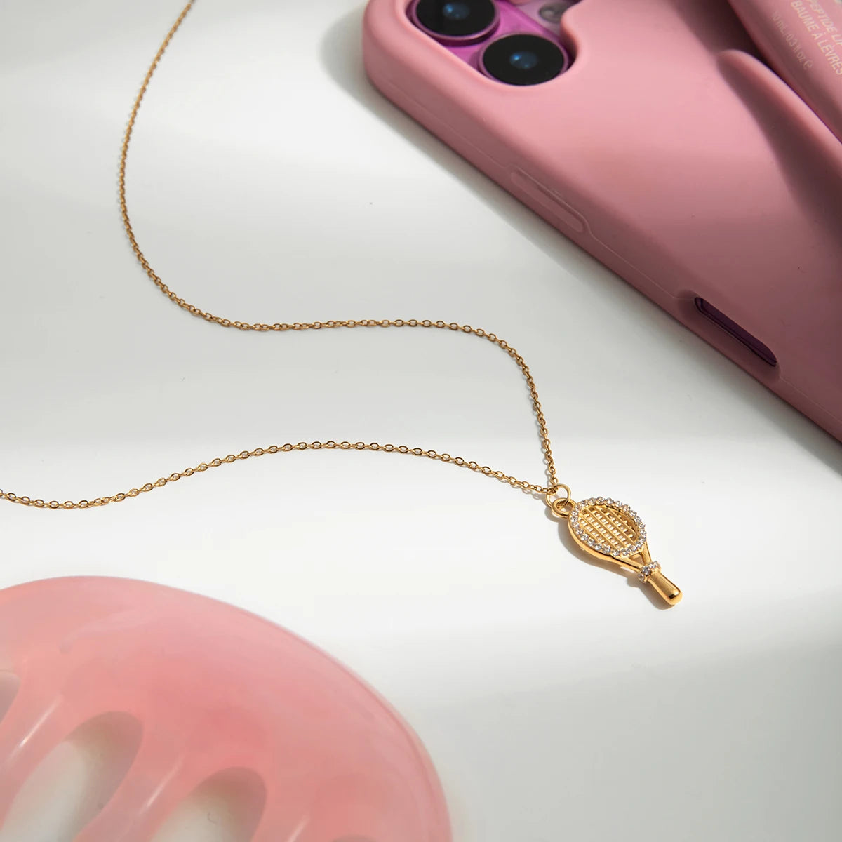 18K Gold Plated Necklace Classic White Zircon Tennis Racket Pendant Necklace for Women and Kids