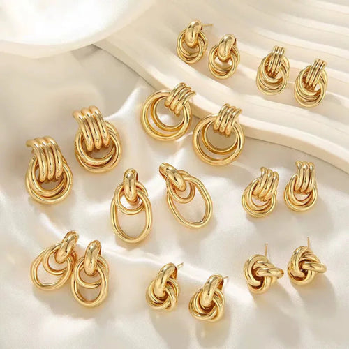 Load image 1 in gallery view. Gold Plated Chunky Statement Dangle Knot Hoop Earrings for Women Kids