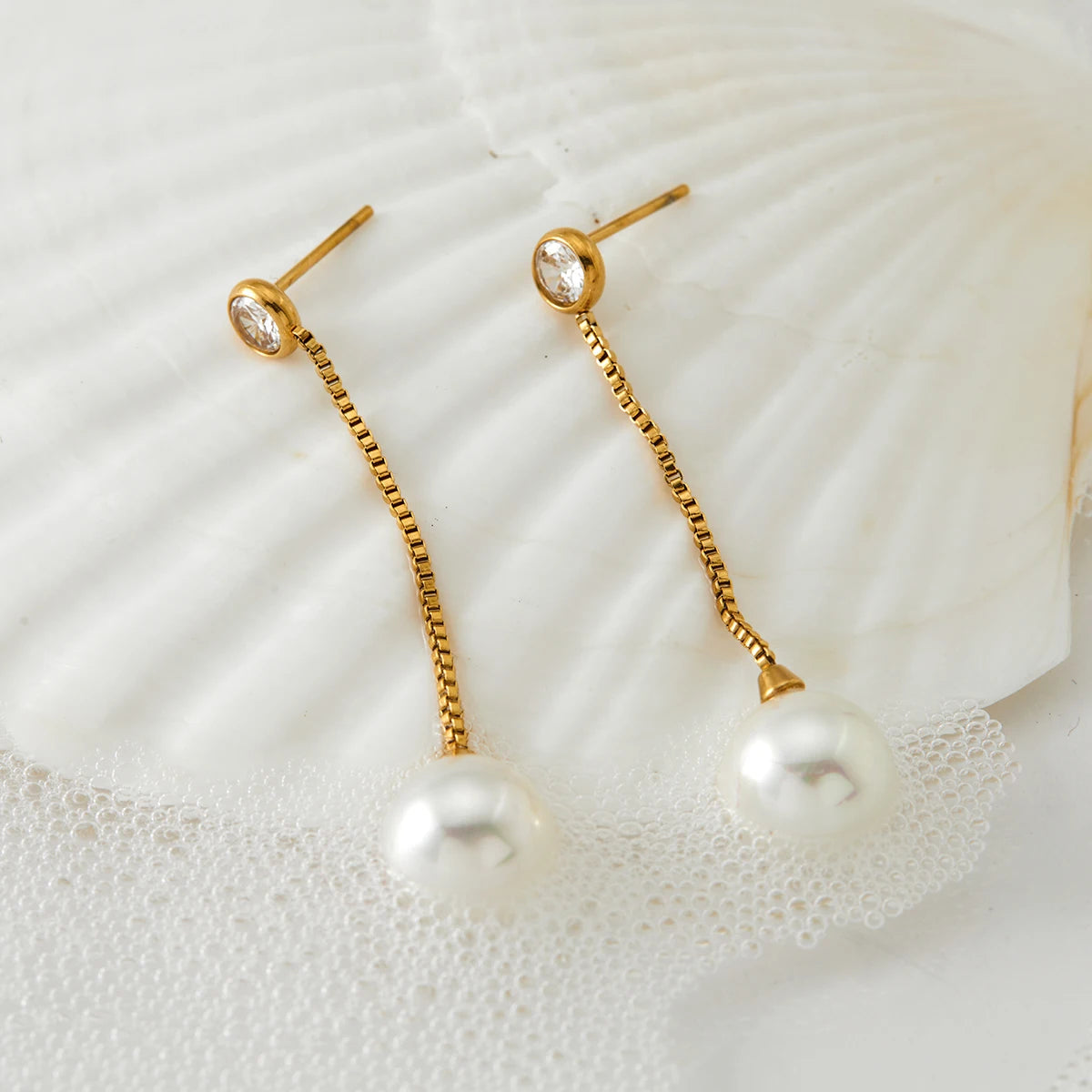 Gold and Silver Plated Pearl Zircon Drop Earrings Stainless Steel Waterproof Non-Tarnish Chain