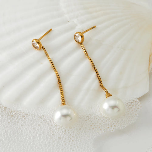 Load image 1 in gallery view. Gold and Silver Plated Pearl Zircon Drop Earrings Stainless Steel Waterproof Non-Tarnish Chain