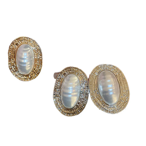 Load image 1 in gallery view. Gold Plated Pearl Oval Stud Earrings For Women Statement Women Anniversary Vintage Fashion France Stylish
