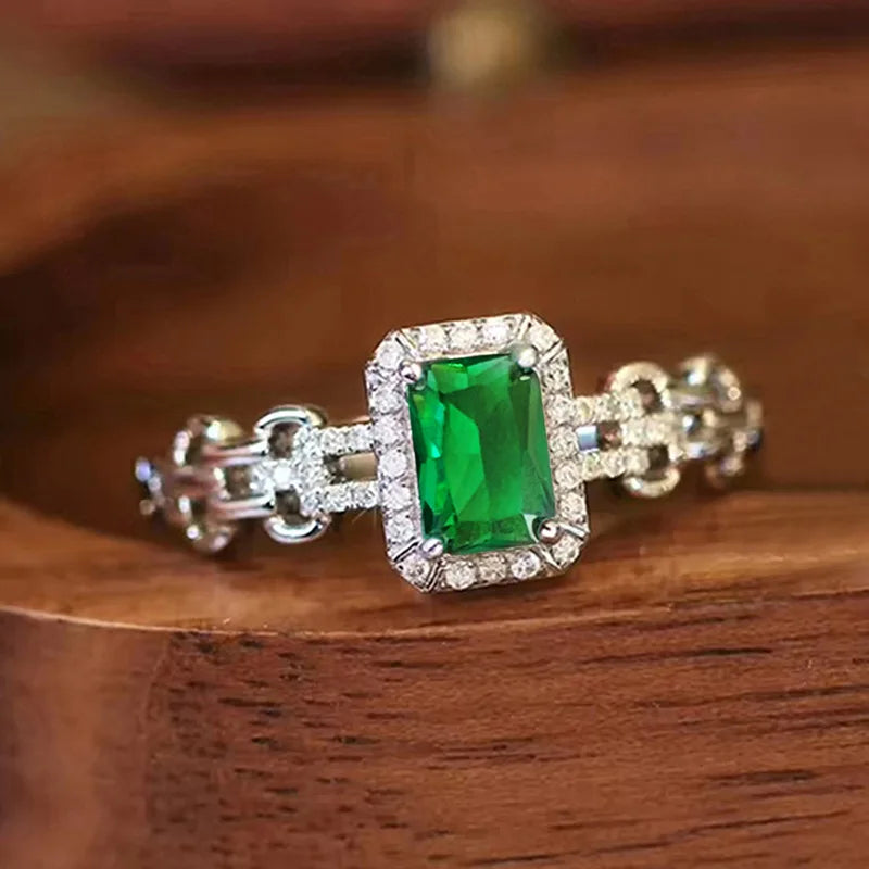 Silver Plated Zircon Green Crystal Rings for Engagement Wedding for Women