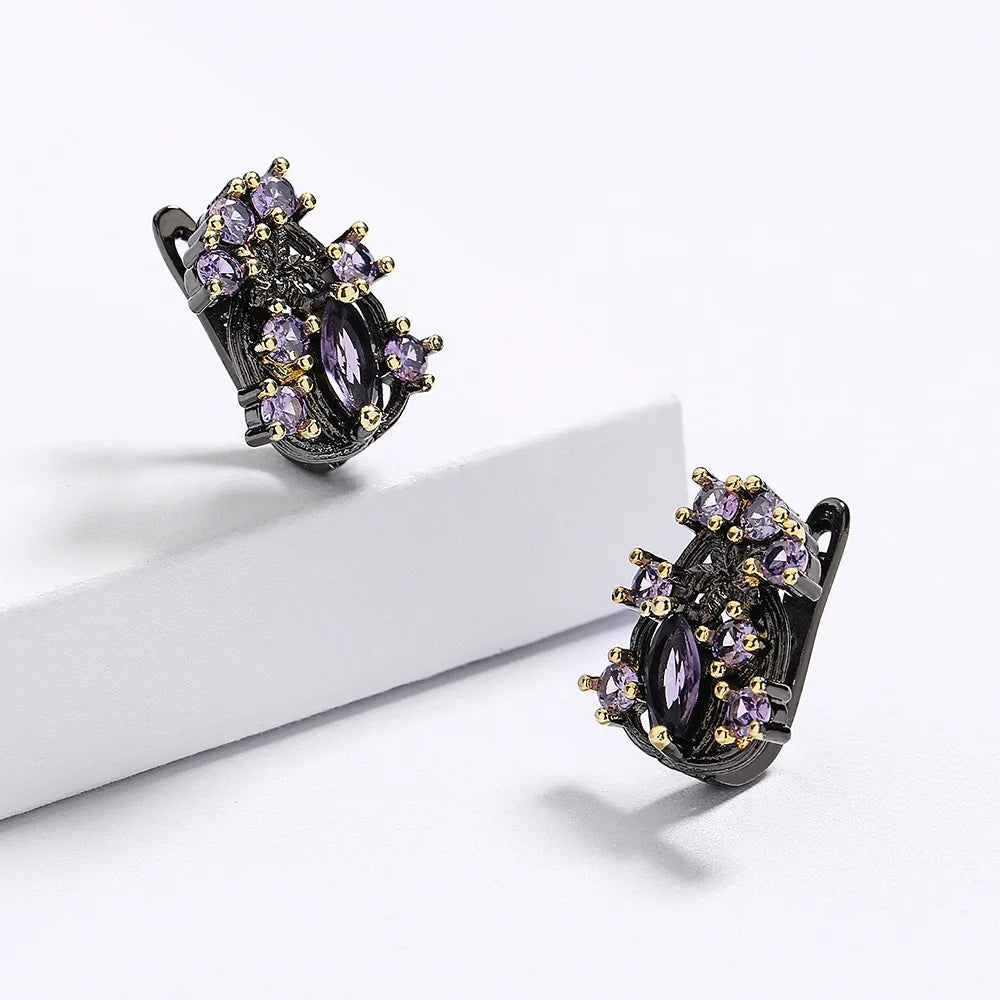 Vintage Unique Twig Black Plated Hollow Purple Zircon Antique Earrings for Women