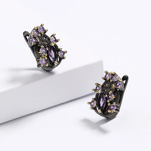 Load image 1 in gallery view. Vintage Unique Twig Black Plated Hollow Purple Zircon Antique Earrings for Women