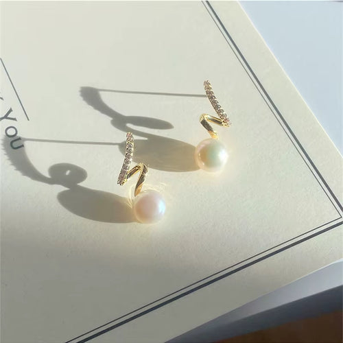 Load image 1 in gallery view. Pearl Earrings Minimalist Cute Earrings, Rhinestone Twisted, Gold Plated