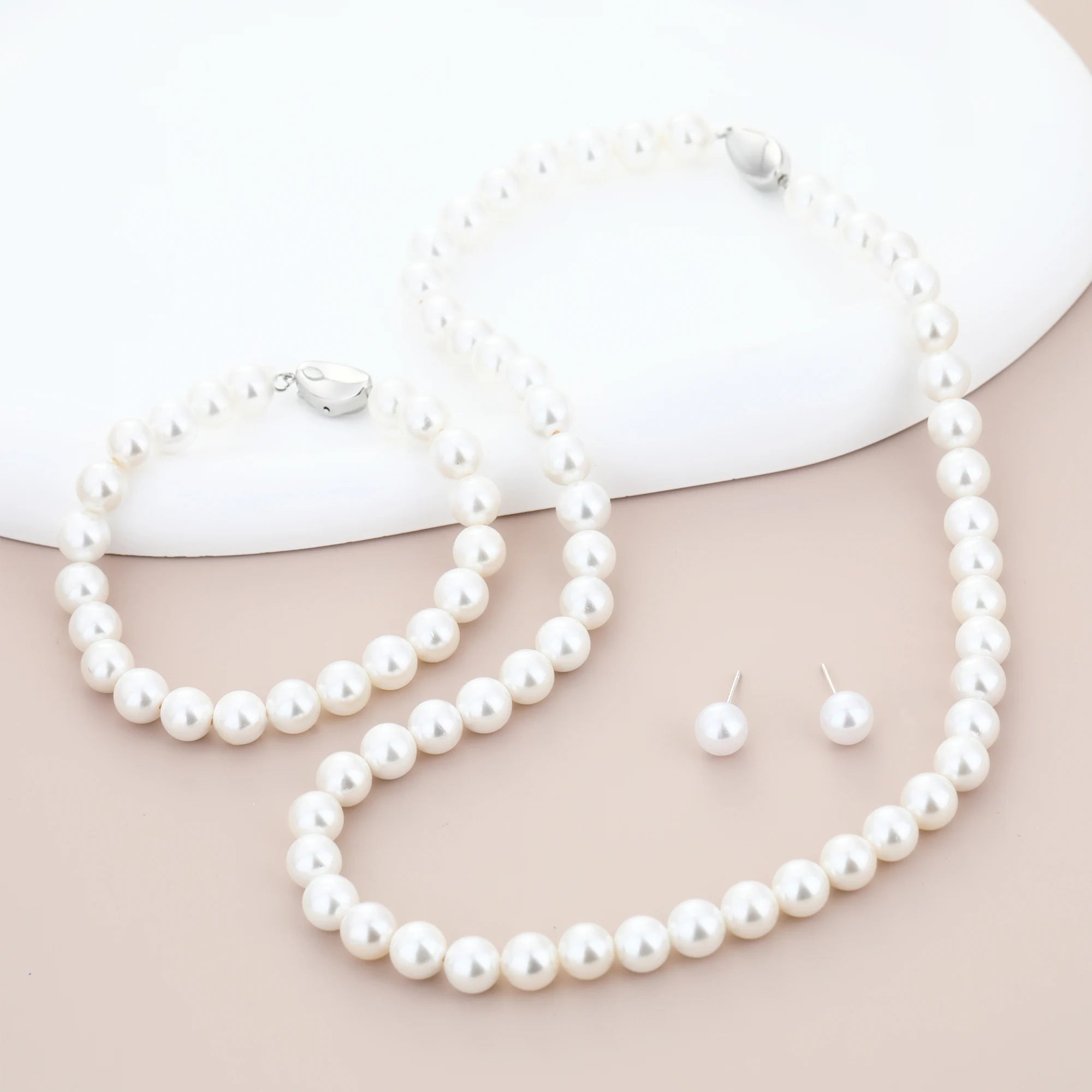 3-Pc. Set With Box Natural Shell Pearl Bracelet, Necklace, Stud Earrings for Party, Wedding, Anniversary, Engagement Gift for Woman